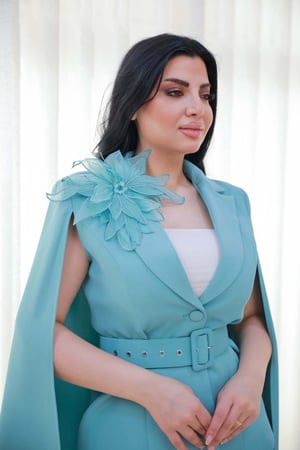 طقم نسائي لون تيفاني جاكيت بوردة بالكتف وتنورة سادة