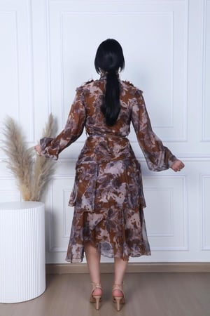 فستان مشجر شيفون لون بني