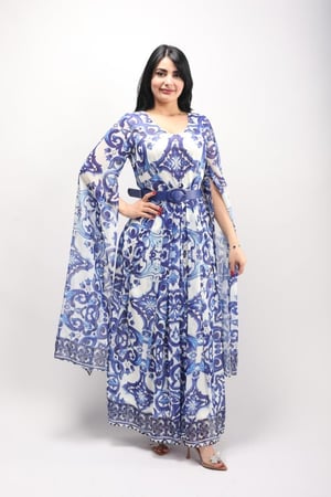 فستان مشجر ازرق اكمام طويله