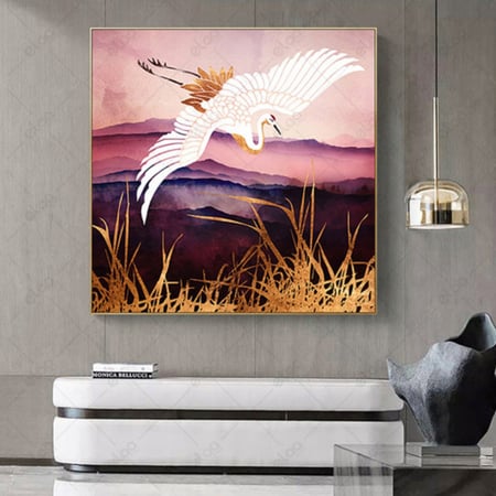 لوحات جدارية فن تجريدي درجات اللون الموف مخلوطة بالذهب وصورة طائر