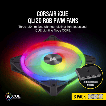 كورسير iCUE QL120 RGB 120mm PWM طقم مراوح مع متحكم Lighting Node CORE