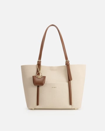 شنطة نسائية جلد بلون بني وبيج