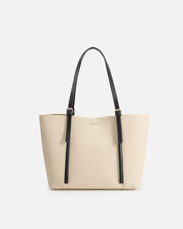 شنطة نسائية جلد بلون أسود وبيج