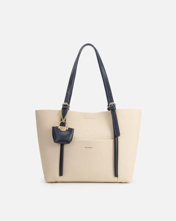 شنطة نسائية جلد بلون أزرق وبيج