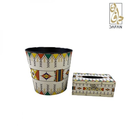 طقم علبة مناديل وسلة يبرز التفاصيل الهندسية للتصميم وجودة الطلاء الخار