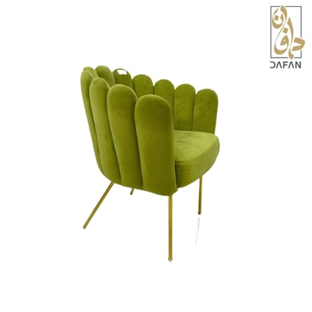 كرسي مخمل مفرد أخضر ليموني بتصميم صدفة أو قوقعة وأرجل معدنية ذهبية