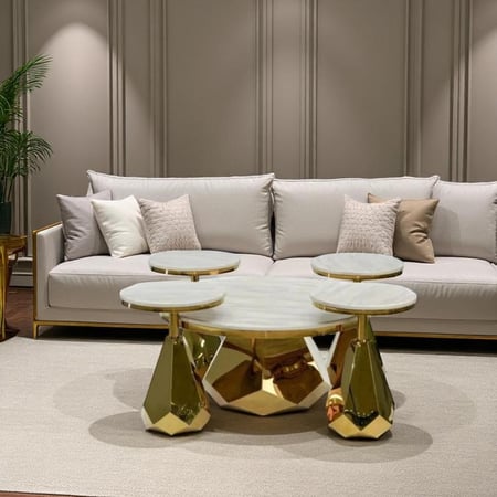 طقم طاولات كنب (1+4) استيل ذهبي سطح رخام