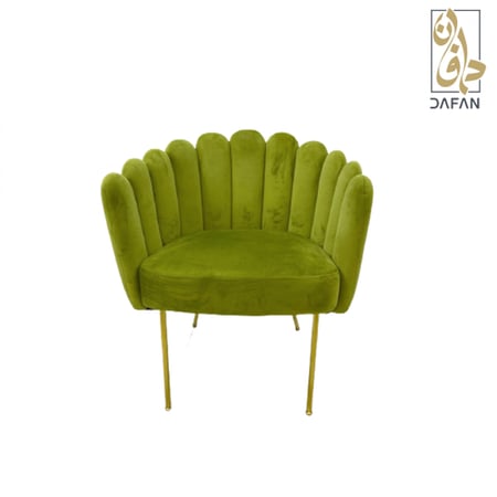 كرسي مخمل مفرد أخضر ليموني بتصميم صدفة أو قوقعة وأرجل معدنية ذهبية