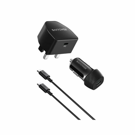 بكج راف باور شاحن جداري بقوة 20 واط بمنفذ تايب سي + شاحن سيارة بقوة 20 واط بمنفذ تايب سي + سلك تايب سي الى تايب سي 1 متر