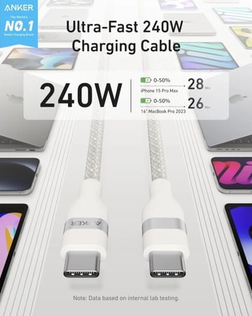 انكر - كيبل تايب سي الي تايب سي قماش بطول 0.9 متر و بقوة 240 واط - ابيض