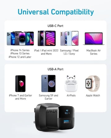 شاحن جداري انكر 323 بقوة 33 واط بمنفذ تايب سي ومنفذ يو اس بي - اسود