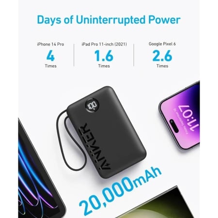 انكر - نانو باور بانك بسعة 20000 ملي أمبير بقوة 22.5 واط - أسود