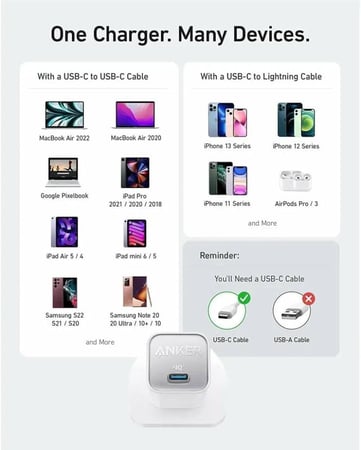 انكر شاحن جداري نانو بقوة 30 واط بمنفذ USB-C - ابيض