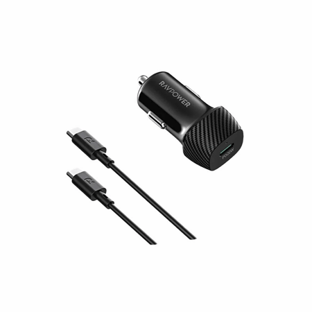 شاحن سيارة راف باور بايونير بقوة 20 واط بمنفذ تايب سي مع سلك تايب سي الى تايب سي - اسود