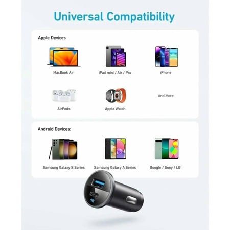 انكر - شاحن سيارة بمنفذ تايب سي و منفذ يو اس بي بقوة 52.5 واط - اسود