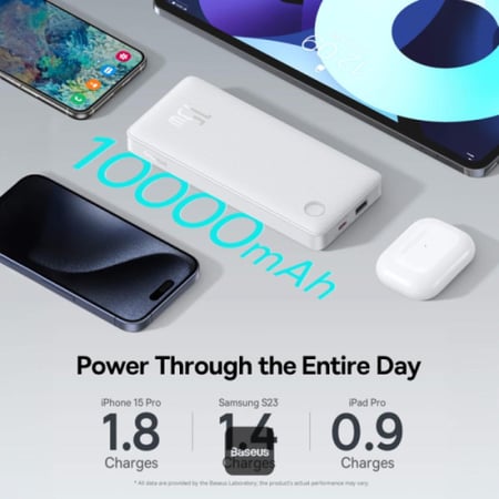 بيسوس باور بانك 10000 ملي امبير 15W مع منفذ Type-C ومنفذ USB-A - أبيض