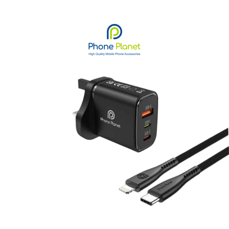 شاحن جداري ثلاثي المنافذ (USB-A + USB-C + USB-I) مع سلك تايب C إلى لايتنينغ – من Phone Planet