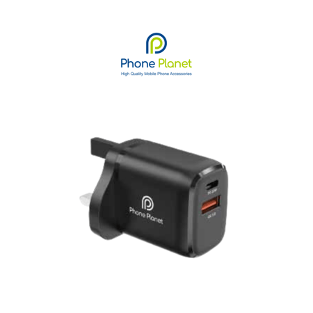 شاحن جداري مزدوج من Phone Planet – منفذ Type-C (20W PD) + USB-A (QC 3.0)