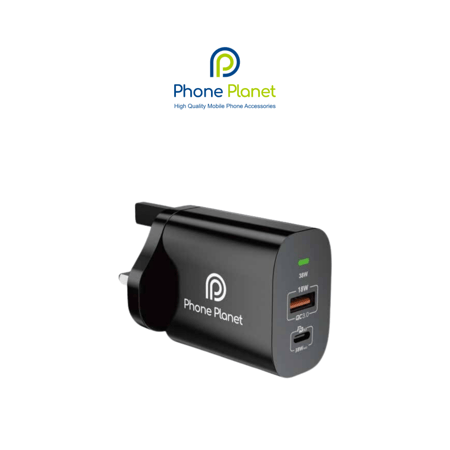 شاحن جداري فائق السرعة من Phone Planet – منفذ Type-C بقدرة 38 واط + منفذ USB-A بقدرة 18 واط QC 3.0