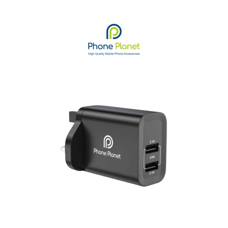 شاحن جداري مزدوج من Phone Planet – منفذين USB بقوة 24W (2.4A) لكل منفذ
