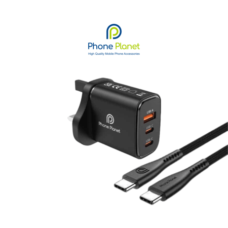 شاحن جداري 3 مخارج (USB + Type-C ×2) مع كيبل Type-C من Phone Planet