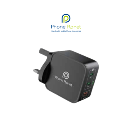 شاحن جداري 3 منافذ (2× USB-C + 1× USB-A) من Phone Planet – شحن سريع وفعّال لأجهزتك