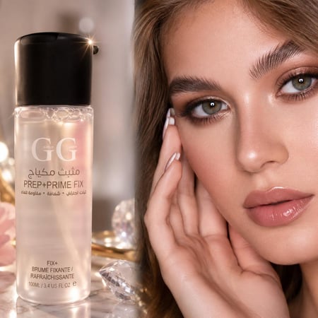 مثبت مكياج GG PREP + PRIME FIX ثبات يدوم لساعات ولمسة منعشة تخلي مكياجك ثابت وطبيعي طول اليوم تركيبته الخفيفة تساعد على ترطيب البشرة ومنحها إشراقة ناعمة بدون تكتل أو ملمس دهني