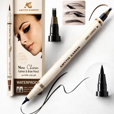 اي لاينر + قلم حواجب بني يرسم شعره شهره من اميس جاردن قلم حواجب مقاوم للماء ميكروبليدينج ثلاثي الأبعاد، قلم حواجب سحري بشوكة 4 أطراف، قلم تحديد حواجب مزدوج الأطراف يدوم طويلا،