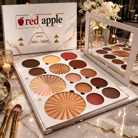 باليت Red Apple رقم 1 المتكاملة للمكياج الفاخر   استمتعي بإطلالة متكاملة مع باليت تجمع كل ما تحتاجينه في علبة واحدة أنيقة وفاخرة. تحتوي الباليت على مجموعة مميزة من الإضاءات اللامعة، وأحمر الخدود الناعم، ودرجات الكونتور الاحترافية، وبودرة الحواجب لتمنحك مك