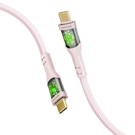 كيبل شحن USB-C تايب سي فائق السرعة يشحن بقدرة 60 واط مزود برأس شحن شفاف  يدعم نقل البيانات والشحن السريع  مع ضوء LED  بطول 1.2 متر  مقاوم للانحناء حتى 25000 مرة  ورأس الشحن مطلي بالذهب  Promate TransLine-CC