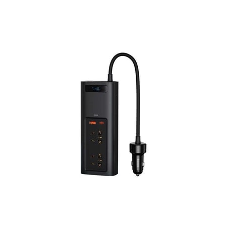 توصيلة سيارة بيسوس بقوة 150 واط و220 فولت بمنفذ تايب سي ومنفذ USB ومنفذين طاقة - اسود
