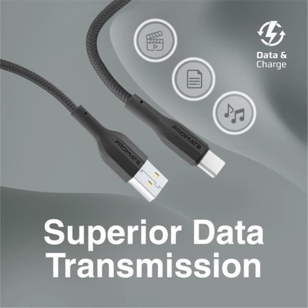 كيبل  شحن متين USB-A إلى USB-C™ مصنوع من السيليكون بتقنية الشحن السريع ، ونقل بيانات بسرعة 480 ميجابت في الثانية، بطول 1 متر ومقاوم للتشابك مع عمر افتراضي يصل إلى 10,000 انحناء - Promate XCord-AC