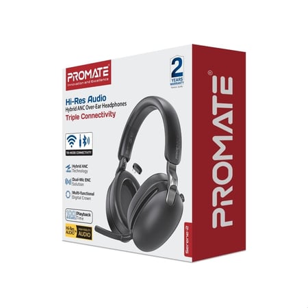 سماعات رأس فاخرة بتقنية إلغاء الضوضاء الهجين (ANC) مع تشغيل يصل إلى 100 ساعة، صوت عالي الدقة وباس عميق، ميكروفون واضح مع كتم فوري، وضع الشفافية، اتصال مزدوج ‎2.4GHz + Bluetooth‎، ومتوافقة مع ‎MS Teams‎.  Serene-2