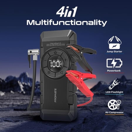 القوة والتنوع مع مُشغل السيارة عالي السعة 2000 أمبير/12 فولت المزود بضاغط هواء ومصباح LED مع بطارية سعة 12000 مللي أمبير ومنفاخ للعجلات يصل إلى 150 PSI وشعلة LED بسطوع 600 لومن بالإضافة إلى مشابك مشتركة ذكية وشاشة LCD من Promate PatrolPack-2