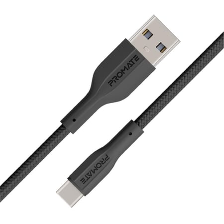 كيبل  شحن متين USB-A إلى USB-C™ مصنوع من السيليكون بتقنية الشحن السريع ، ونقل بيانات بسرعة 480 ميجابت في الثانية، بطول 1 متر ومقاوم للتشابك مع عمر افتراضي يصل إلى 10,000 انحناء - Promate XCord-AC