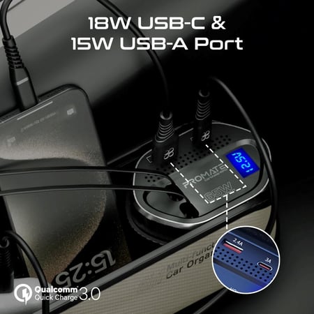 منظم سيارة متعدد الوظائف مزود بمحطة شحن بقوة 65 واط وكابلات USB-C وLightning قابلة للسحب لتسهيل شحن أجهزتك في السيارة  Promate CarMate-RPD