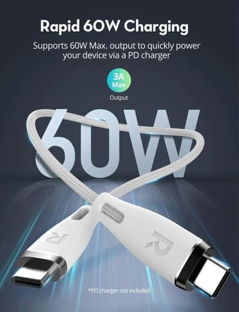 سلك راف باور نايلون بقوة 60 واط تايب سي الى تايب سي 1.2 متر - ابيض