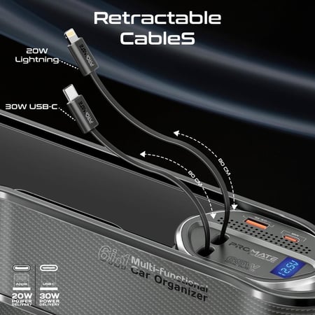 منظم سيارة متعدد الوظائف مزود بمحطة شحن بقوة 65 واط وكابلات USB-C وLightning قابلة للسحب لتسهيل شحن أجهزتك في السيارة  Promate CarMate-RPD