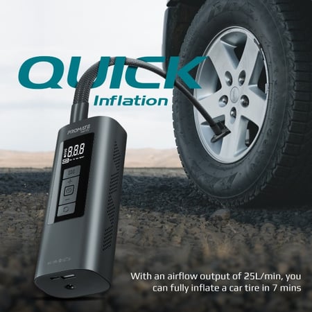 إطارات سيارتك تستحق الأفضل مع Aerify! من بروميت ضاغط هواء محمول مزود ببطارية متنقلة بقوة 150 PSI وبطارية بقوة 6000mAh مع TPMS المدمج وضوء LED، تمتع بنفخ سريع للإطارات بمعدل 25 لتر في الدقيقة - Promate Aerify