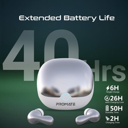 أحدث وأفضل سماعات إيربودز عالية الدقة تدعم تقنية إلغاء الضوضاء النشط (ANC) وتقنية إلغاء الضوضاء البيئية (ENC)، بلوتوث بإصدار 5.4، مع 4 ميكروفونات و40 ساعة تشغيل، مقاومة للماء IPX4 من Promate Baton