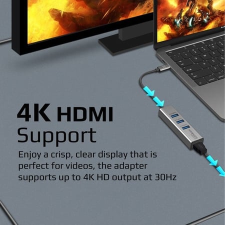 محول USB-C إلى HDMI بدقة عالية 4K بمعدل 30 هرتز ويأتي مع 3 منافذ USB 3.0 بروميت - Promate MediaHub-C3