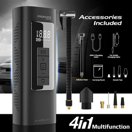 إطارات سيارتك تستحق الأفضل مع Aerify! من بروميت ضاغط هواء محمول مزود ببطارية متنقلة بقوة 150 PSI وبطارية بقوة 6000mAh مع TPMS المدمج وضوء LED، تمتع بنفخ سريع للإطارات بمعدل 25 لتر في الدقيقة - Promate Aerify