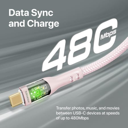 كيبل شحن USB-C تايب سي فائق السرعة يشحن بقدرة 60 واط مزود برأس شحن شفاف  يدعم نقل البيانات والشحن السريع  مع ضوء LED  بطول 1.2 متر  مقاوم للانحناء حتى 25000 مرة  ورأس الشحن مطلي بالذهب  Promate TransLine-CC