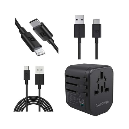 بكج راف باور 4 في 1 شاحن سفر بقوة 20 واط اسود مع كيبل تايب سي تو لايتنق + سلك يو اس بي تو تايب سي + كيبل يو اس بي تو مايكرو