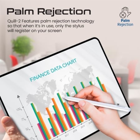 مجموعة أدوات القلم اللاسلكي عالية الدقة! اكتب وارسم بدقة وسلاسة على جهاز ايباد الخاص بك، وقت عمل يدوم حتى 11 ساعة مع ميزات رأس القلم القابل للاستبدال والتعرف على الإمالة والسكون التلقائي، إضافة إلى مجموعة الملحقات المرفقة من Promate Quill-2