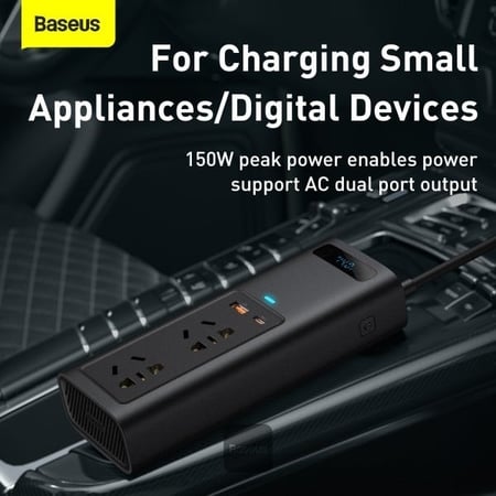 توصيلة سيارة بيسوس بقوة 150 واط و220 فولت بمنفذ تايب سي ومنفذ USB ومنفذين طاقة - اسود