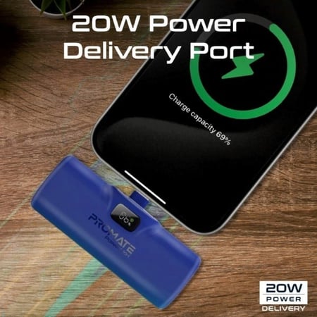 الفزعة -بطارية متنقلة ميني سريعة الشحن من بروميت بسعة 5000 مللي أمبير في الساعة، مزودة بموصل لايتينيج مدمج، وتوفر توصيل طاقة بقدرة 20 واط تحتوي على مدخل/مخرج USB-C مع حامل متعدد الاستخدامات - Promate PowerUp-i