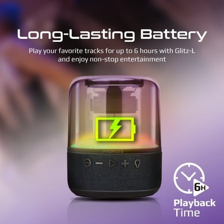 تجربة صوتية مدهشة مع مكبر الصوت Glitz-L بقدرة 10 واط وعرض ضوئي بزاوية 360 درجة، وقت تشغيل 6 ساعات مع منفذ صوت 3.5 ملم ومنفذ USB وفتحة بطاقة TF من Promate Glitz-L