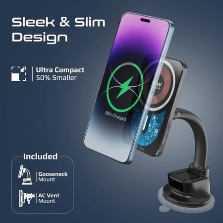 شاحن سيارة لاسلكي بتصميم شفاف ومتوافق مع ماج سيف بقدرة 15 واط وشحن بتقنية Qi بقدرة 15 واط بتصميم نحيف للغاية ويتضمن حامل فتحة تهوية من خلال مكيف السيارة وحامل يثبت على تابلو السيارة. Promate LucidMount-15
