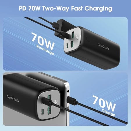 بطارية متنقلة راف باور بقوة 70 واط بسعة 20000 ملي امبير منفذين تايب سي ومنفذين USB-A - اسود